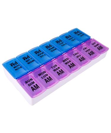 Apex Twice-A-Day Weekly Pill Organizer Weekly Pill Organizer 2 Times a Day Color-Coded Easy-Open See-Through Lids Organize Medication or Vitamins by AM PM or Morning and Bedtime Berry/Blue