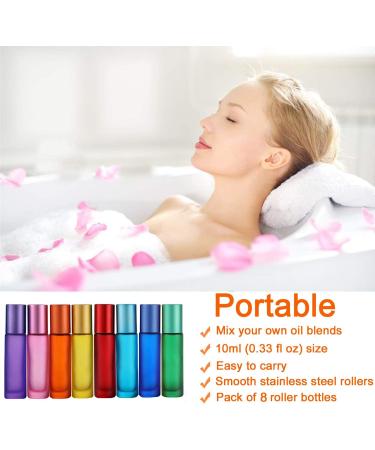 Alledomain 8PCs 10ml Essential Oil Roller Bottles - Colorful Refillable Frosted Glass with Stainless Steel Balls & Dripper - Buy Online on SooperMarket.com