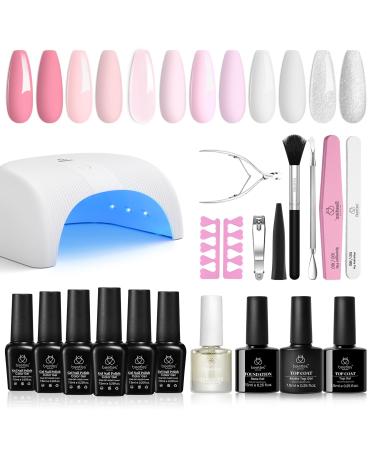 Beetles Gel Polish with Led Light Nail Lamp 6 Colors French White Manicure Kits with Base Top Coat Snow White Soft Pink Art Salon Diy Home Gel Nail Polish Set Gift Pink white