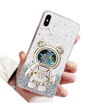 Rnrieyta bear bear astronaut Stand cover glitter for iPhone XR cute girls thin crystal protective cover Treisand bling transparent case bumper with astronaut holder kickstand transparent iPhone xr transparent