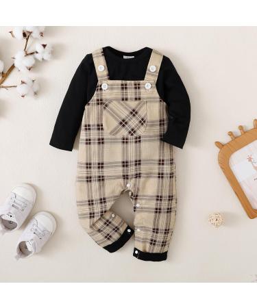 Puseky Baby Boy 3-6 Months Black Romper with Plaid Suspenders Overall Pants - Buy Online on SooperMarket.com