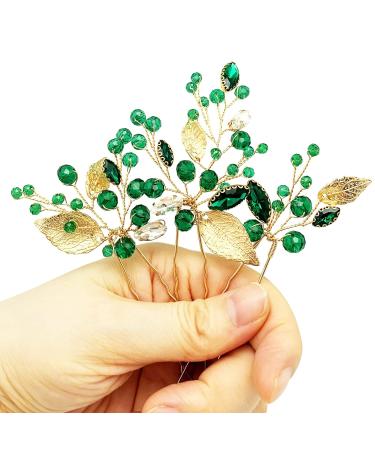 Emerald Green Rhinestone Gold Leaf Wedding Hair Pins - Pack of 3 | Bridal Hair Accessories for Women Girls - Buy Online on SooperMarket.com