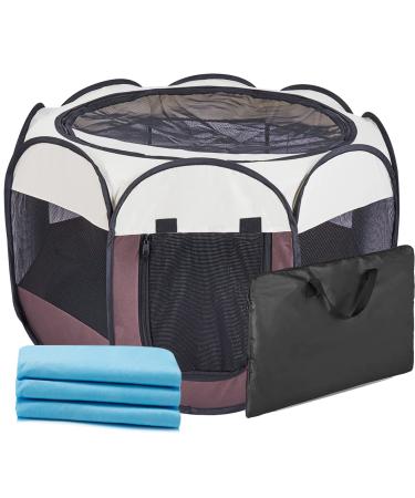 Ztinng Portable Foldable Pet Puppy Playpen with Free Carrying Case and Pet Pee Pads for Dog/Puppy/Cat | Indoor/Outdoor Water-Resistant Removable Shade Cover Brown L(45"x45"x24") with free bonus