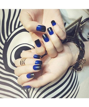 Siusio 24-Piece Black Gradient Artificial Nails Set - Full Cover Short Gel-Art with Royal Blue Jewelry Top Coat for Women & Girls - Buy Online on SooperMarket.com