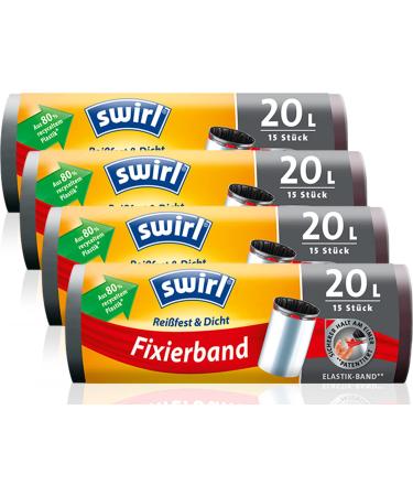 Swirl tear -resistant & densely fixing tape garbage bags 20 l (4 x 15 bags) drip -safe garbage bags for household waste tear -resistant garbage bags for safe hold on the trash can black 15 pieces (4 Pack)