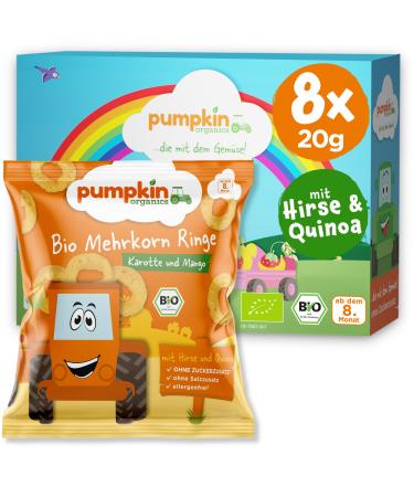 Pumpkin Organics Children's Snack Bio Multi -grain Carrot and Mango (8 -pack) Baby snacks without additives from the 12th month - allergen -free and gluten -free crispy snacks for children (8x20g) Bio Multi -grain rings carrot & mango