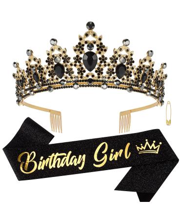 SuPoo Birthday Sash Birthday Girl Crown Black Birthday Tiara for Women Crowns for Girls Rhinestones Headband Crystal Tiara with Comb Gift Party Halloween Birthday Decoration Set Gold and Black