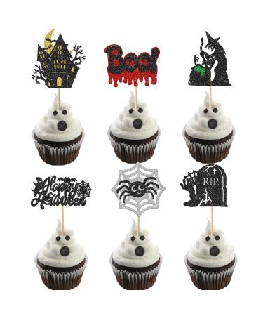 Rsstarxi 24 Pack Halloween Cupcake Toppers Glitter Tombstones Spider Boo Ghost Witch Cupcake Picks Skull Bat Happy Halloween Cake Decoration for Horror Halloween Baby Shower Birthday Party Decorations Design 25