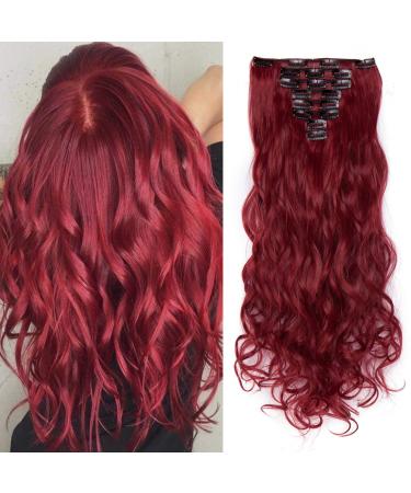 Silk-co Clip in Hair Extensions 24 inch Maroon&Dark Red 100% Synthetic Hairpiece Extension 8pcs Long Curly Wavy Hair Pieces For Full Head 24 Inch Curly #Maroon&Dark Red