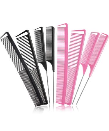 8 Pieces Fine Teeth Comb Rat Tail Hair Comb Carbon Fiber Teasing Parting Styling Combs and Carbon Fine Cutting Comb Fiber Pintail Hairdressing Comb for Braids Salon Home Supplies, Black and Pink