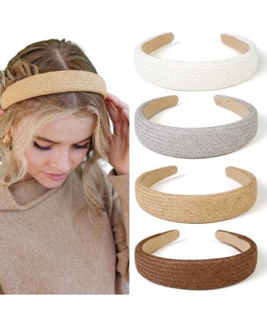 WOVOWOVO 4 Pack Straw Padded Headbands for Women Rattan Boho Headband Wide 1 Inch Non Slip Braided Head band Wicker Cute Summer Girls Hairband Accessories