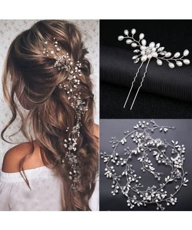 Bridal Wedding Hair Accessories Long Pearl and Crystal Beads Hair Vine Wedding Headband 2 PCS of Crystal Rhinestone Hair Pins 1 Pack Jewelry Hair Headpiece for Brides Bridesmaids Women Girls (Silver)