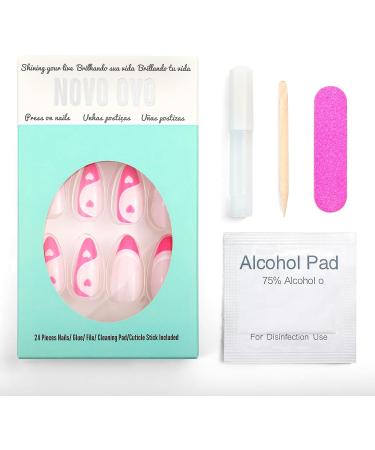 NOVO OVO Medium Long Oval Stiletto Pale Hot Pink French Tip Yinyang Heart False Press on Nails - LOVE CYCLE Glossy Acrylic Kit - Buy Online on SooperMarket.com
