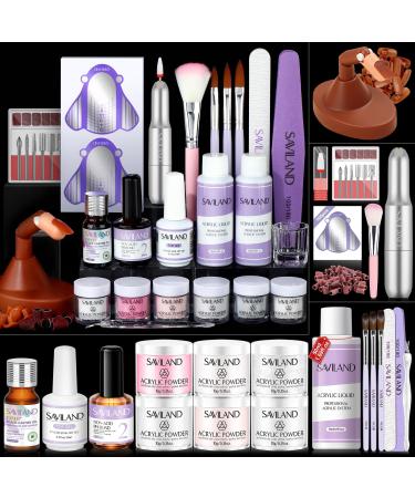 SAVILAND Acrylic Nail Kit Full Set for Beginners: 6 Colors Keratin Acrylic Powder Vitamin E Pure EMA Liquid Monomer Nail Practice Finger Black Castor Oil Nail Drill Complete Tools Daily Nail Training 02-Basic 6 Colors