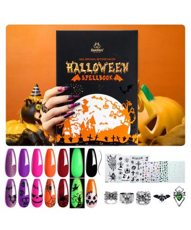 Beetles Gel Nail Polish 6 Colors Halloween Gel Nail Polish Set Witches' Spellbook Collection with Liner Gel Nail Stickers and Rings Shimmer Pink Purple Orange Nail Gel Polish for Party Gift Holiday 0-0- 6 Colors Witche Spellbook
