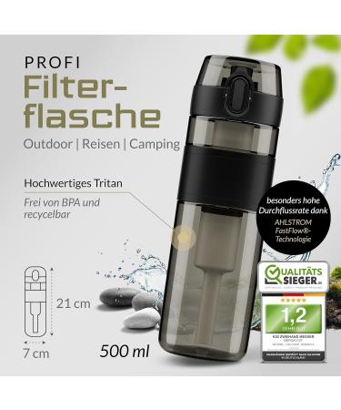 Bergkvist Outdoor Water Filter Bottle - 500ml Fj llklar | Ahlstrom Clean Drinking Water for Camping Hiking & Survival Adventures - Black - Buy Online on SooperMarket.com