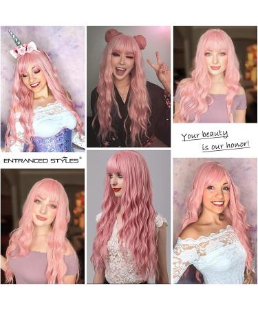 YEESHEDO 28 Inch Long Pink Synthetic Wavy Wig with Fringe for Women - Ideal for Party, Cosplay, or Daily Wear - Buy Online on SooperMarket.com