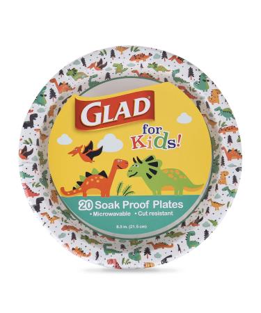 Glad for Kids 8 1/2-Inch Paper Plates|Small Round Paper Plates with Dinosaurs for Kids|Heavy Duty Disposable Soak Proof Microwavable Paper Plates, 8.5" Round Plates 20ct| Kids Plates, Dinosaur Plates
