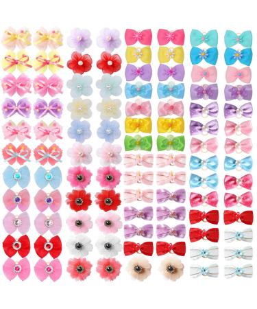 100 Pieces Dog Bows Cute Dog Puppy Hair Bows Multicolor Girl Dog Accessories Small Dog Hair Bows Bowknot Puppy Bows with Strong Rubber Bands and Rhinestone Pearls for Pet Hair Grooming Accessories