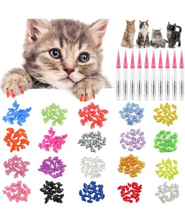 Joyjuly 100Pcs soft pet cat cats claw nail covers caps control soft paws of 5 different colors random+5 adhesive glue size xs