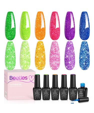 Beetles Reflective Glitter Gel Polish Set 6 Colors Neon Gel Nail Polish Set Summer Nails Gel Orange Hot Pink Purple Gel Polish Soak Off Led Gel Nail Kit Nails Nail Art Manicure for Women Girls A1-Neon Carnival