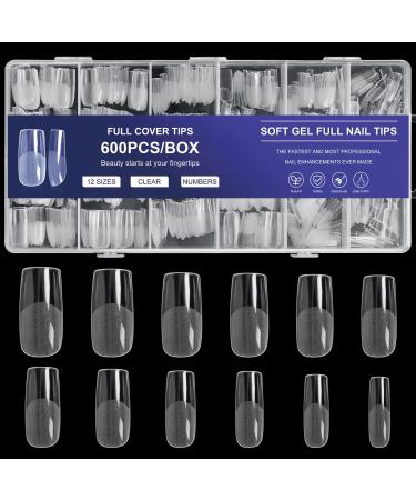 AORAEM Square Nail Tips 600 PCS Artificial Full Cover Nail Tips Soft Clear Nail Tips 12 Sizes Acrylic Medium Square Press on Nails Tapered Square False Nails with Box for Home DIY Nail Salon Clear 0 Fl Oz (Pack of 600)