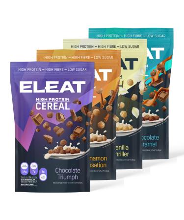 ELEAT High Protein Cereal - Low Sugar - Healthy Cereal - High in Fibre - Plant Based - Variety Pack (4 x 250g Pouches) ELEAT High Protein Cereal - Variety Pack