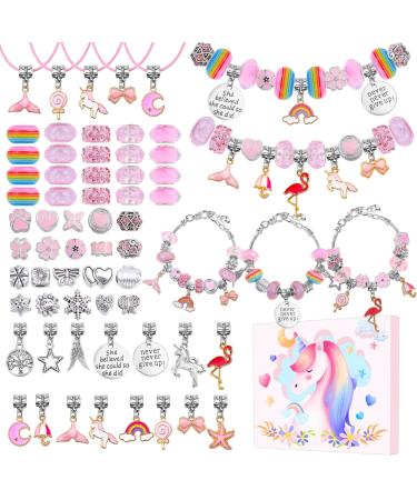 DIY Charm Bracelet Making Kit  Flasoo Jewelry Kit for Teen Girls with Unicorn Mermaid Pink Stuff Craft Gifts for Birthday  Christmas  New Year