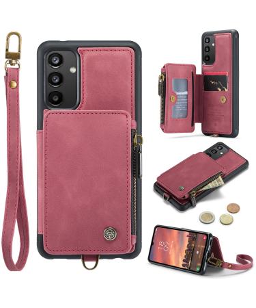 Soonic protective cover for Samsung Galaxy A54 5G leather magnetic wallet card compartment zipper folding cover with straps stands coin compartment protective cover (A54 red) A54 red