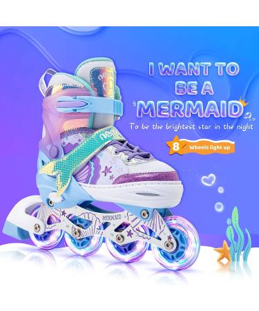 NEMONE Mermaid or Bunny Strawberry Light up Inline Skates - Purple Blue Blades Roller for Girls | 4 Size Adjustable Indoor Outdoor Skates for Kids | A-Mermaid Medium - Big Kid - Buy Online on SooperMarket.com