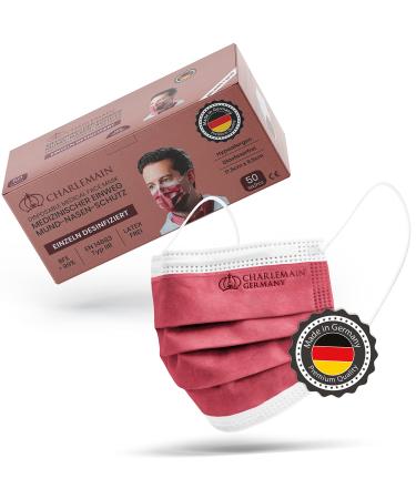 Charlemain 50x op masks made in Germany EN 14683 Type IIR medical mouth-nose protection BFE 99.9% 3-layer latex-free MNS one-way face masks-Bordeaux red 50 pieces (1 Pack) Bordeaux red