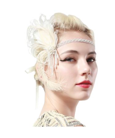 Babeyond 1920s headband spring with rhinestones and pearl women 20s style flapper charleston hair band great gatby women carnival costume accessories style1-white