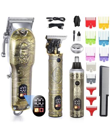 Bestauty Professional Hair Clippers Men T-Blade Trimmer Kit with LCD Display Cordless Barber Clipper for Hair Cutting Kit with 11 Limit Combs Hair Trimmer Beard Trimmer Nose Trimmer Rechargeable Gold