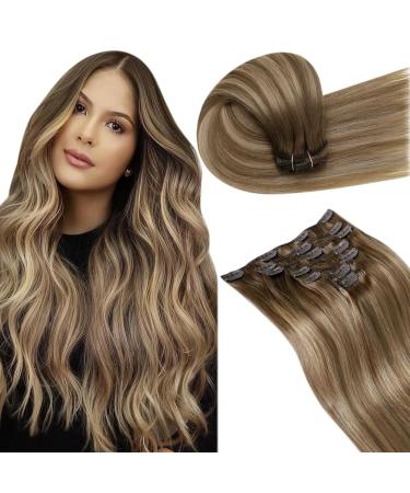 Laavoo clip in extensions real hair brown balayage hair extension real hair clip ombre light brown dark blonde dark blond 35cm 7pcs full head real hair extensions clip in brown ombre smooth 105g #8/16/8 35cm-105g 1.5 #8/16/8