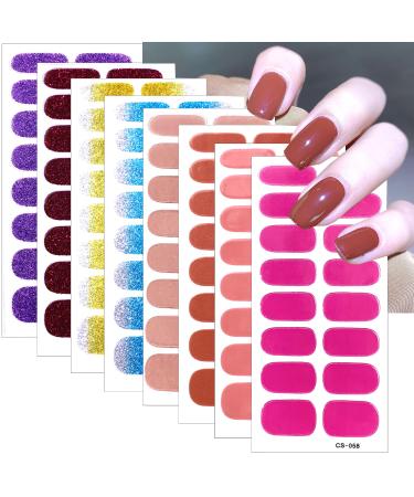 8 Sheets Semi Cured Nail Polish Stickers Gradient Glitter Solid Color Gel Nail Stickers Full Nail Wraps Self Adhesive Multicolored Nail Polish Strips for Women Girls Manicure Decoration Supplies Nail Stickers 11