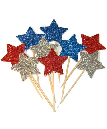 36 Pieces Glitter Star 4th of July cupcake toppers Glitter Gold Star Cakes Toppers for Independence Day 4th of July Party Supplies Favors(Blue Red White)