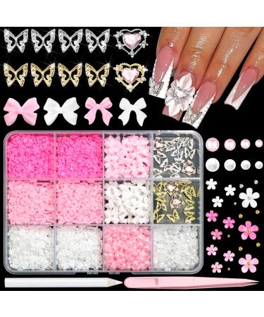 BELICEY 1000PCS Flowers Nail Charms 3D Alloy Butterfly Bow Nail Charms Pink&White Star Heart Moon Pearls Beads Nail Charms Cute Nail Jewels for Nail Art DIY Crafts with Picker Pencil and Tweezer Pink-White Flower