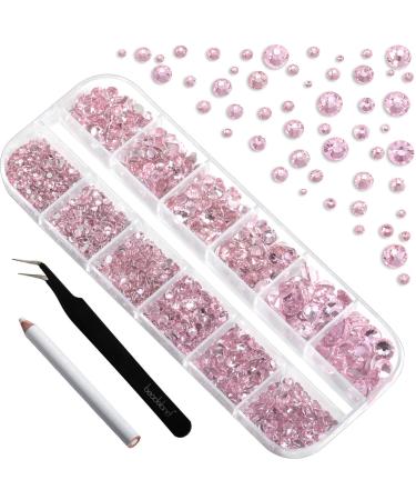 Beadsland 2500pcs Light Pink Rhinestones, Flatback Gems Round Crystal Rhinestones for Crafts Mixed 8 Sizes SS4~SS30 with Picking Tweezer and Pen (lt.pink)
