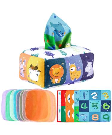 BKKE Baby Toys Montessori Toys Sensorism Toy Baby Dinosaurs Tissue Box Toys with 8 Colored cloth and 6 crackling paper baby toys from 18+ months girl (animal)