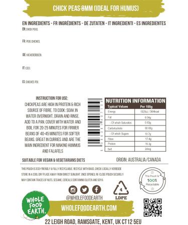 Wholefood Earth Dried Chickpeas 2kg - Ideal for Hummus - GMO Free, Natural, Vegan - High Protein - Buy Online on SooperMarket.com