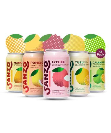 Sanzo Flavored Sparkling Water Variety 12-Pack - Lychee (Berry) Yuzu (Lemon) Pomelo (Grapefruit) Calamansi (Lime) & Mango (Alphonso) - Made with Real Fruit No Added & Gluten Free - 12 Fl Oz Variety Pack w/ Pomelo 12 Fl Oz (Pack of 12)