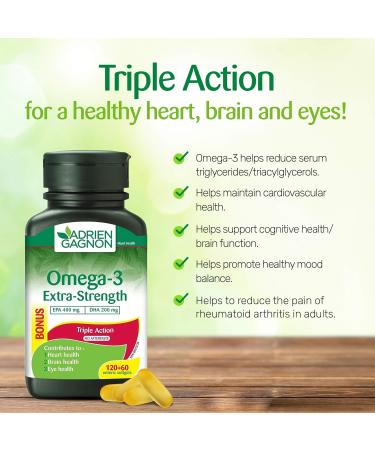 Adrien Gagnon - Omega 3 Extra-Strength (400 mg EPA + 200 mg DHA) 1000 mg Cognitive Cardiovascular and Joint Support. 180 (120+60 Bonus) Softgels - Buy Online on SooperMarket.com