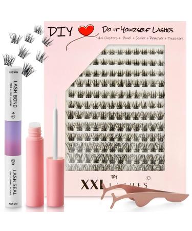 DIY Do it Yourself Lashes Kit XXL Lashes Eyelash Extension Set 144 Cluster Eyelashes in 5 Different Lengths Including Bond/Adhesive Sealer Remover Applicator and Manual (Hybrid)