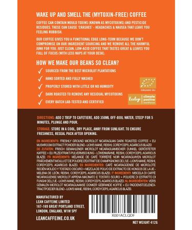 Lean Caffeine Mushroom Coffee Ground 412g | Mushroom Extract Powder Blend | Mycotoxin Free Lions Mane Reishi Cordyceps Agaricus Blazei | Bulletproof Coffee - Pack of 1 - Buy Online on SooperMarket.com