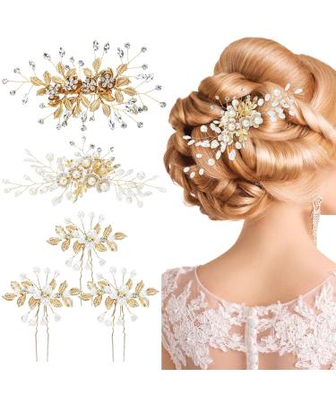 inSowni 5 Pieces Gold Metal Pearl Rhinestone Wedding Bridal Leaf Flower Hair Clips Barrettes+U-shaped Floral Hair Pins Accessories Headpieces for Brides Bridesmaids Women Girls