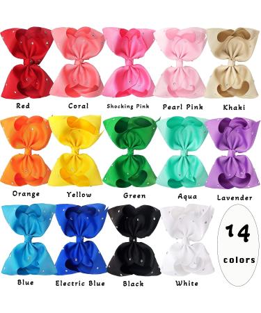 Sparkly Rhinestone 8-Inch Hair Bows Clips - 14 Piece Set for Girls, Toddlers, and Teens - Buy Online on SooperMarket.com