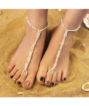 Buy Bethynas Boho Pearl Barefoot Sandals Summer Beach Ankle & Toe Ring Foot Jewelry for Women & Girls | Perfect Bridal Wedding Accessory Style 4 - Buy Online on SooperMarket.com