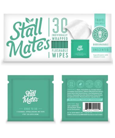 Stall Mates Wipes: Flushable, individually wrapped wipes for travel. Unscented with Vitamin-E & Aloe (30 on-the-go singles) 30 Count (Pack of 1)