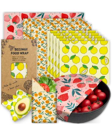 Reusable Beeswax Wrap - 9 Pack Eco-Friendly Beeswax Wraps For Food, Organic, Sustainable, Biodegradable, Zero Waste, Plastic-Free Food Storage, 1L Strawberry, 3M Orange, 5S Lemon Patterns 9 Pack(1 Strawberry, 3 Orange, 5 Lemon)