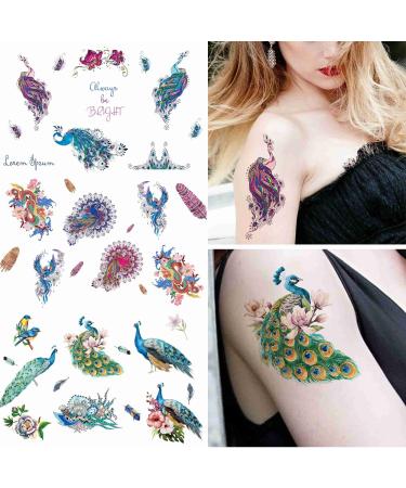 Dopetattoo 18 sheets Temporary Tattoos Peacock Peahen Fake Tattoos Sexy Peacocks for Women Girls Adults 3.7x3.7 17